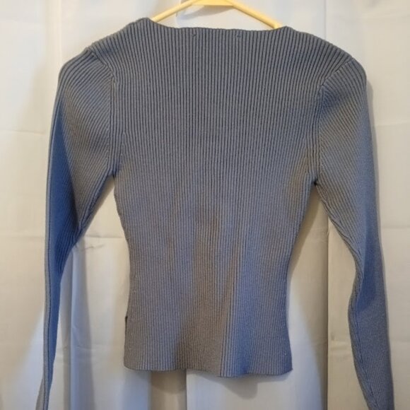 ZARA Ribbed knit Contour Bust Sweater Top M Gray Crew nk Long cap sleeve Stretch - Picture 6 of 7